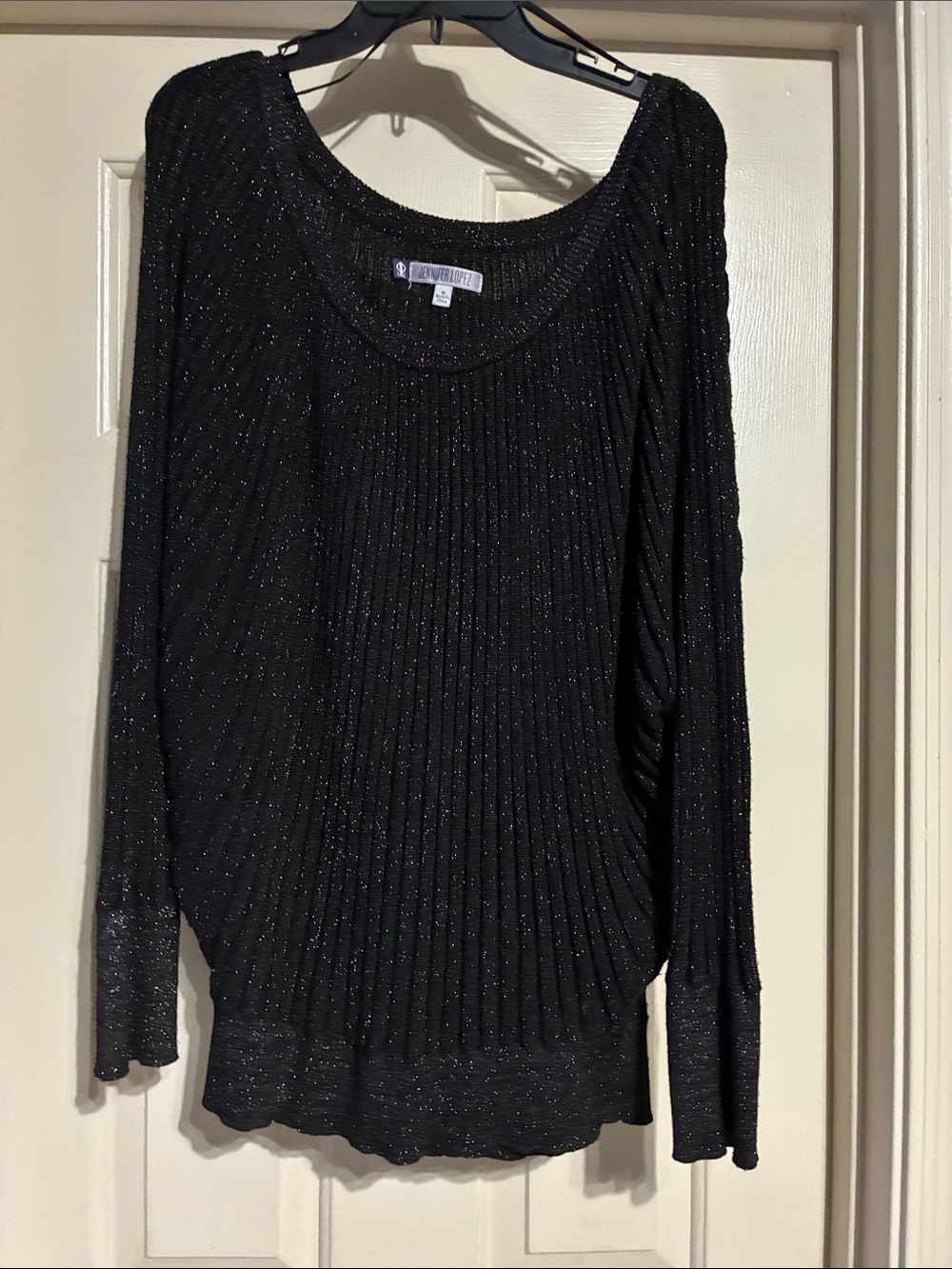 Black Sparkle Scoop-Neck Ribbed Long Sleeve Sweater